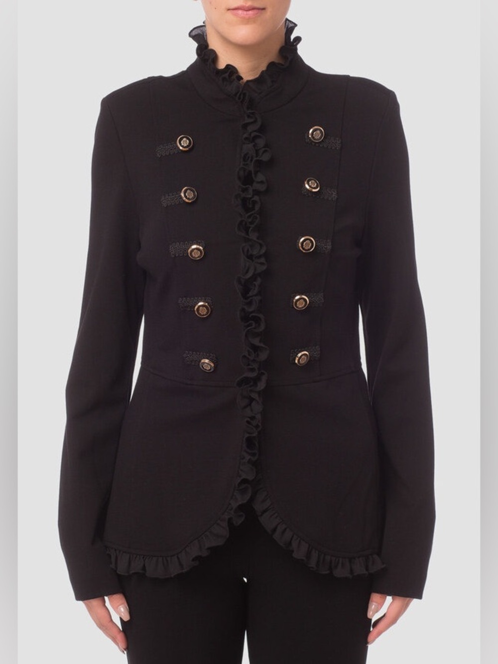 Joseph Ribkoff Black Ruffle Military-Button Bellboy Jacket Size 8 Black Ruffle